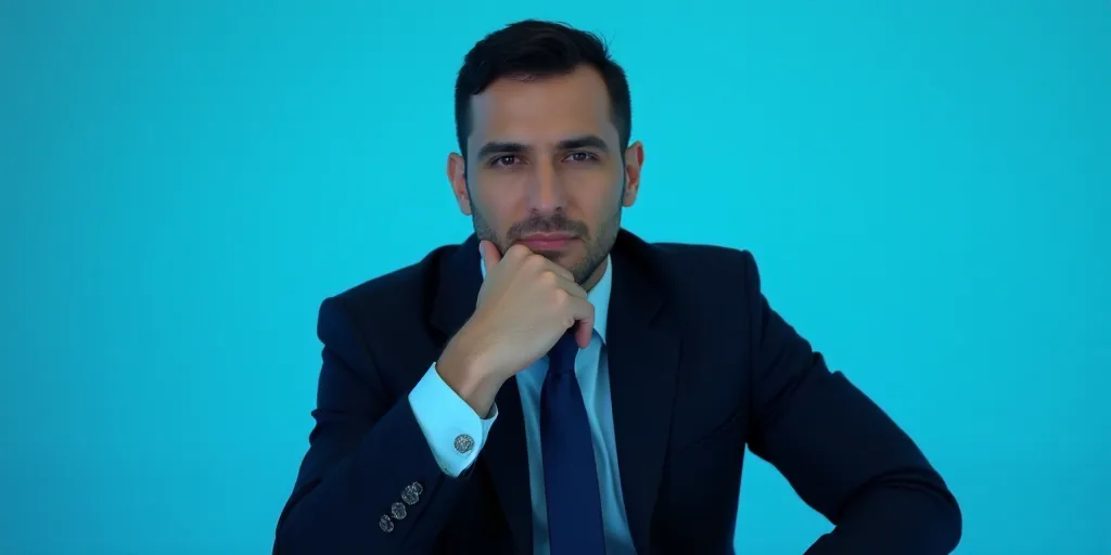 a man in a suit is posing for a picture with his chin resting on his hand, with a blue background, A