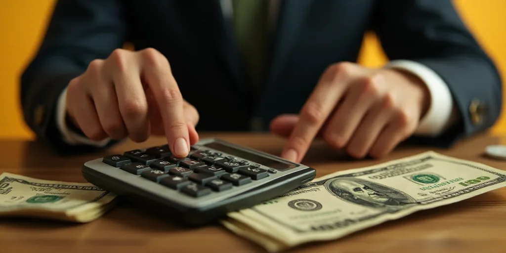 a man in a suit pointing at a calculator with a dollar bill in front of him and a man in a suit, And