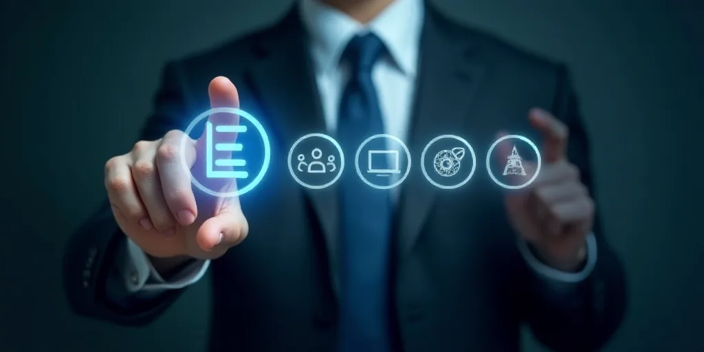 a man in a suit pointing to a button with a list on it and icons surrounding him and a hand pointing