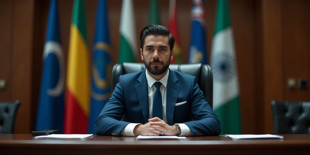 a man in a suit sitting at a desk with flags behind him and a chair behind him with a desk and chair