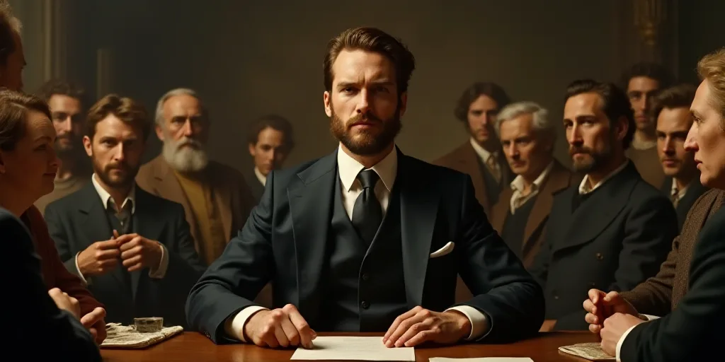 a man in a suit sitting at a table with a bunch of people in the background looking on and to the si