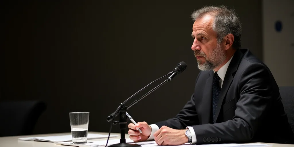 a man in a suit sitting at a table with a microphone and papers in front of him and a glass of water