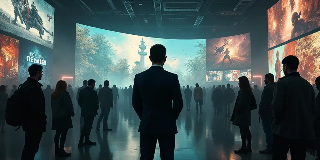 a man in a suit standing in a room with a lot of people around him and a display of video games, Car
