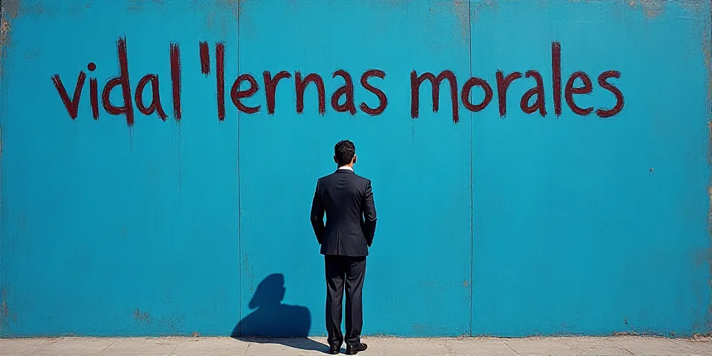 a man in a suit standing in front of a blue background with the words vidal llernas morales, Eduardo
