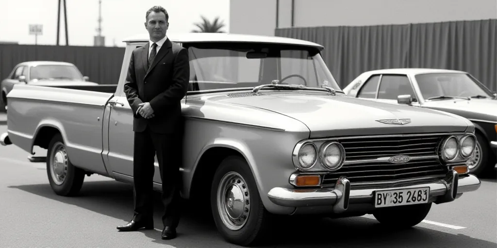 a man in a suit standing next to a silver truck in a parking lot with other cars in the background,