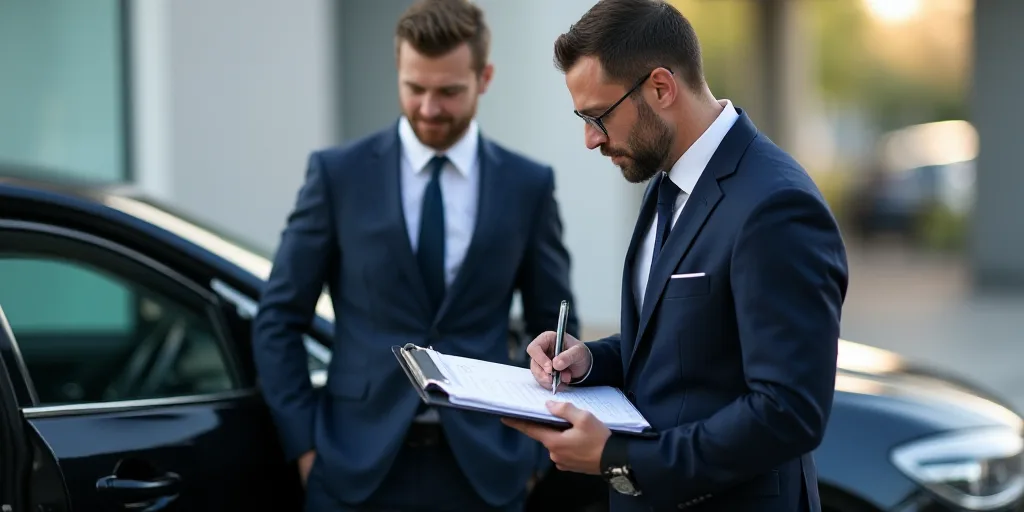 a man in a suit writing on a clipboard next to a car and another man in a suit, Dahlov Ipcar, profes