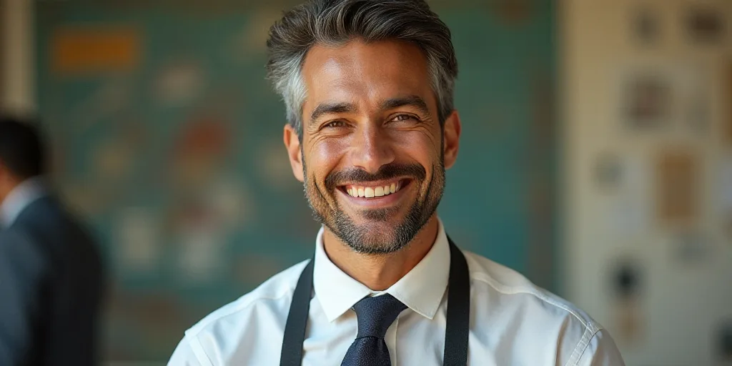 a man in a tie is smiling for the camera with a caption in spanish above him that reads, enrique cam