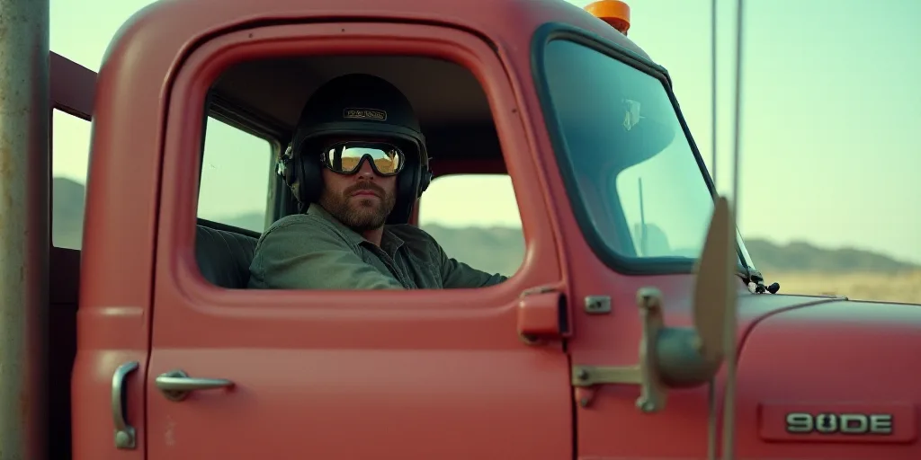 a man in a truck with a helmet and goggles on sitting in the cab of a truck with its door open, Elbr