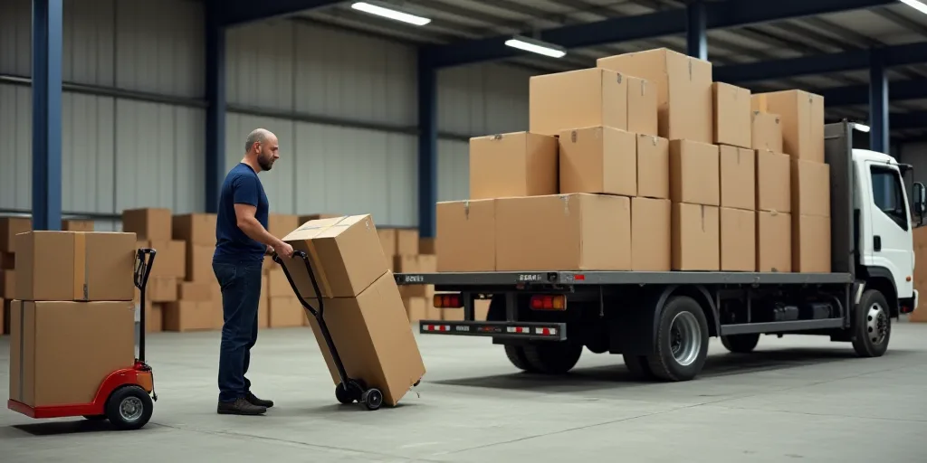 a man in a warehouse loading boxes on a dolly with a hand truck behind him and a large amount of box