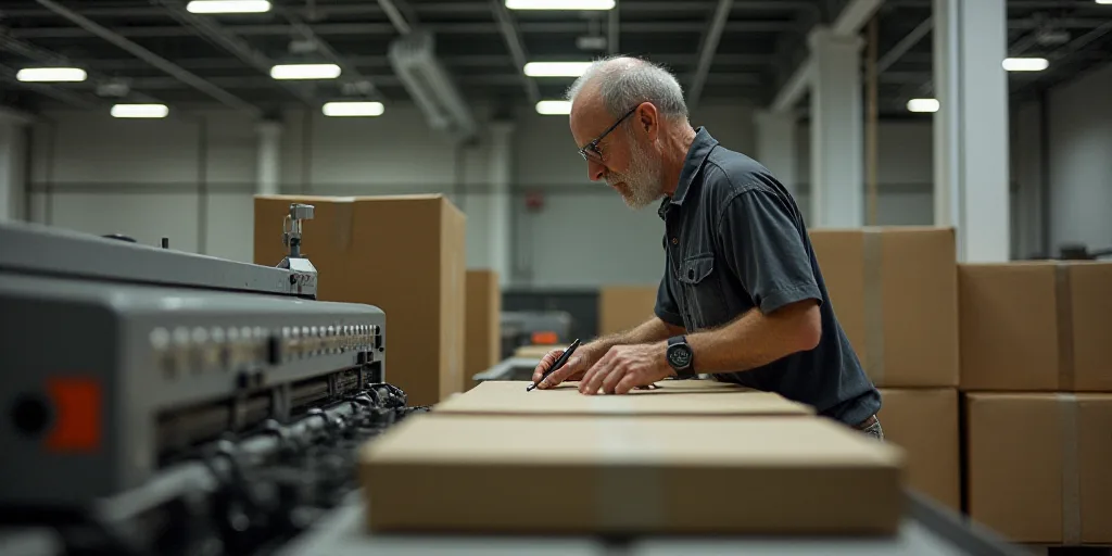 a man in a warehouse working on a machine with a box in front of him and a box in the background, Do