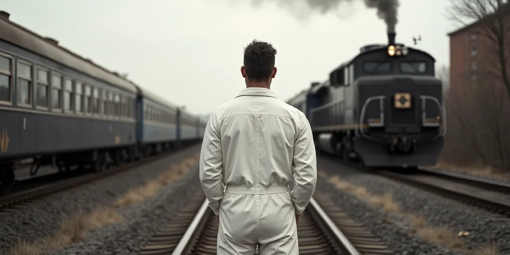 a man in a white coverall standing on train tracks next to a train and a train passing by, Arthur B.