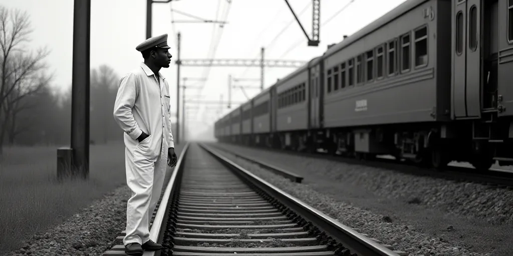 a man in a white coverall standing on train tracks next to a train and a train passing by, Arthur B.