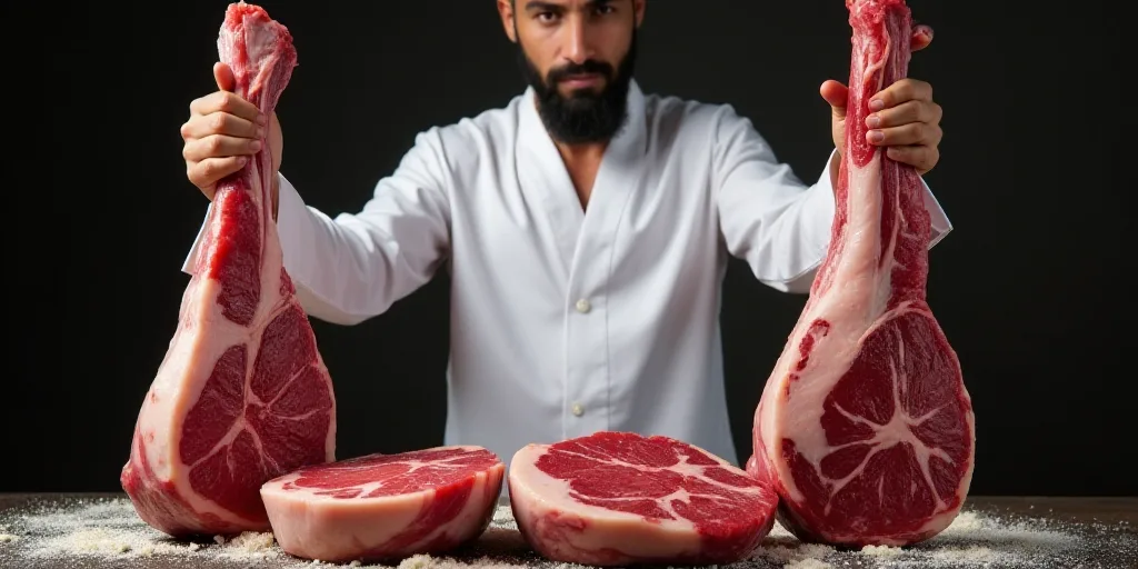 a man in a white robe holding a piece of meat in his hands and standing next to two large pieces of
