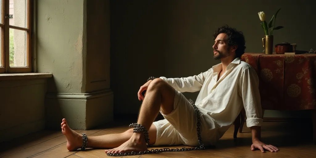 a man in a white shirt and a chain around his ankles and feet in a room with a window, Edward Otho C