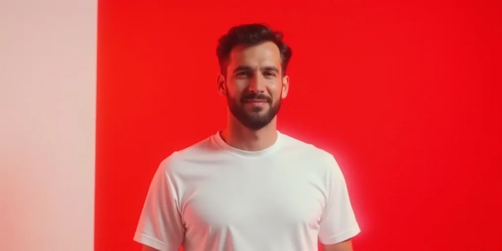 a man in a white shirt and a red background with a red and white background and a red and white back