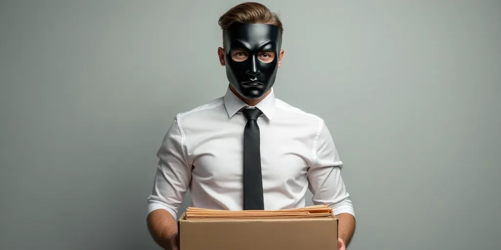 a man in a white shirt and tie holding a box of files and a mask on his face with a black tie, Andri
