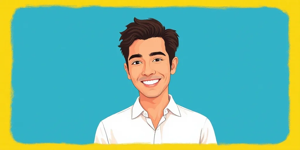 a man in a white shirt is smiling for a picture with a blue background and a yellow border around hi