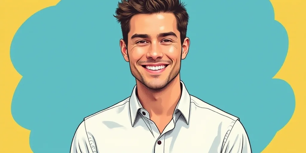 a man in a white shirt is smiling for a picture with a blue background and a yellow border around hi