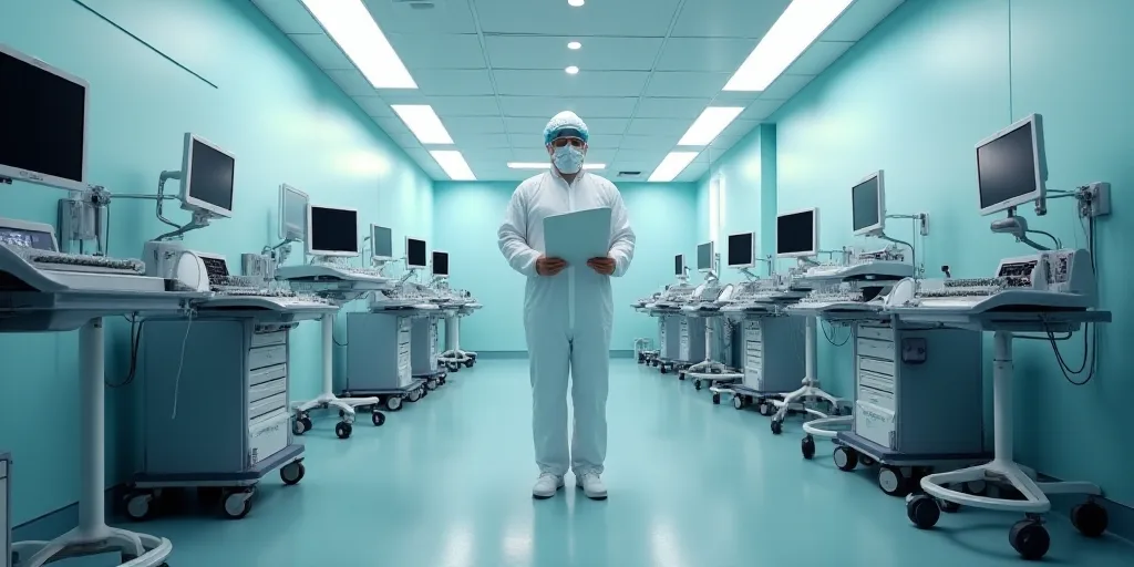 a man in a white suit and protective gear in a room filled with medical equipment and equipment on w