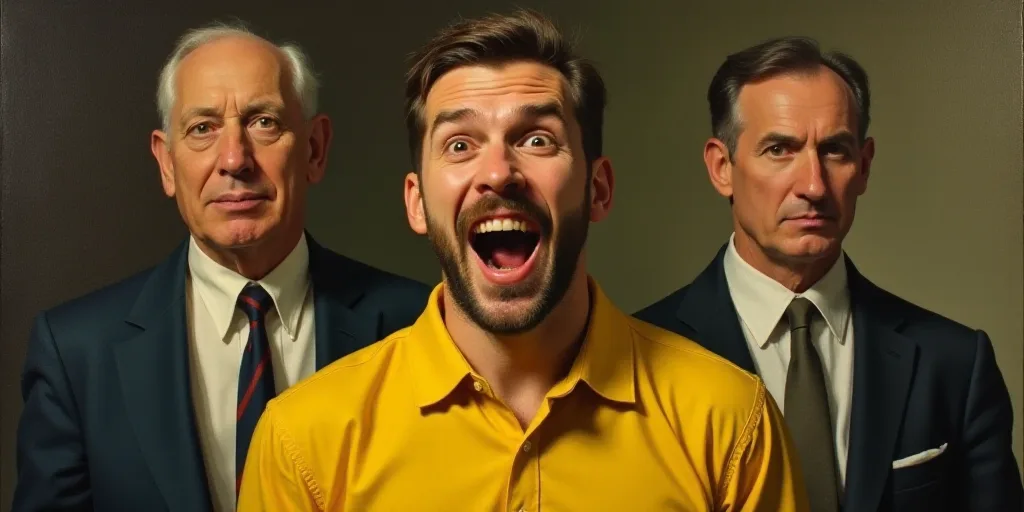 a man in a yellow shirt is making a face with his mouth open and two men in suits are behind him, Ad