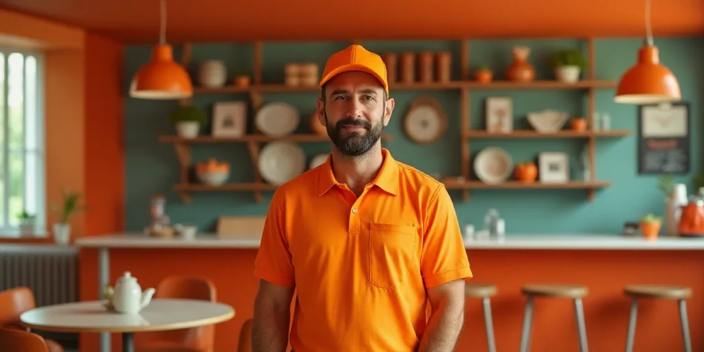 a man in an orange shirt and orange hat standing in front of a table with chairs and a counter, Cefe