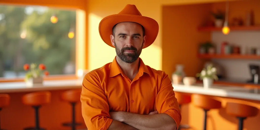 a man in an orange shirt and orange hat standing in front of a table with chairs and a counter, Cefe