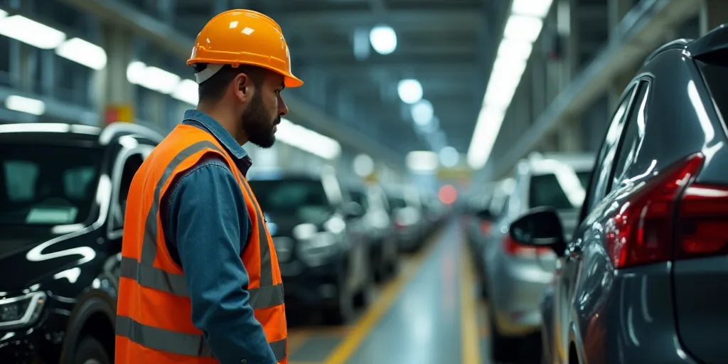 a man in an orange vest and hard hat looking at a car in a factory with other cars on the assembly l