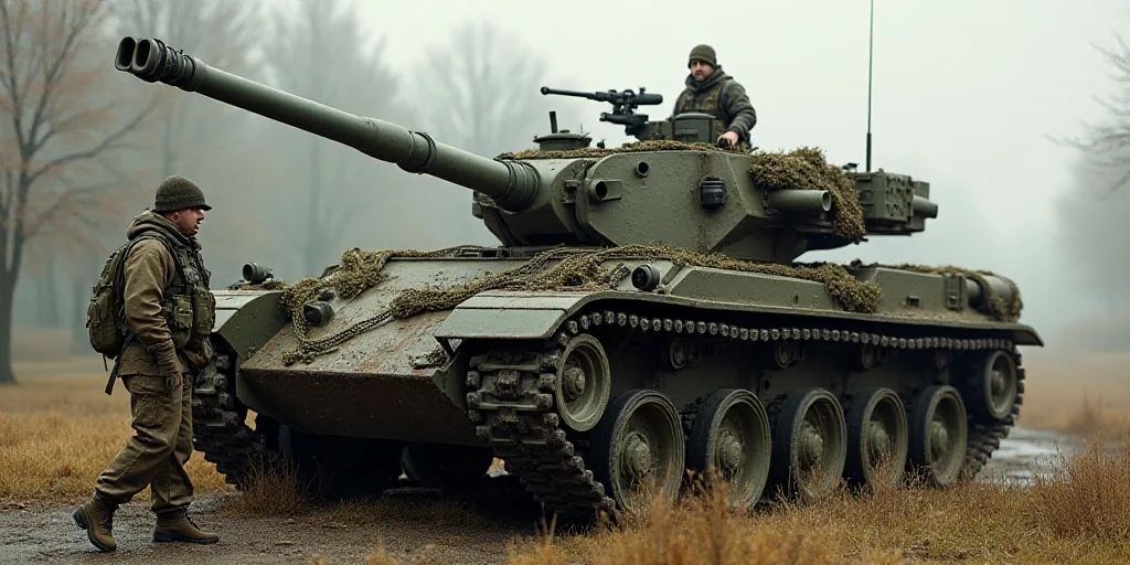 a man in camouflage walking next to a tank with a net on top of it and a net hanging off the side of
