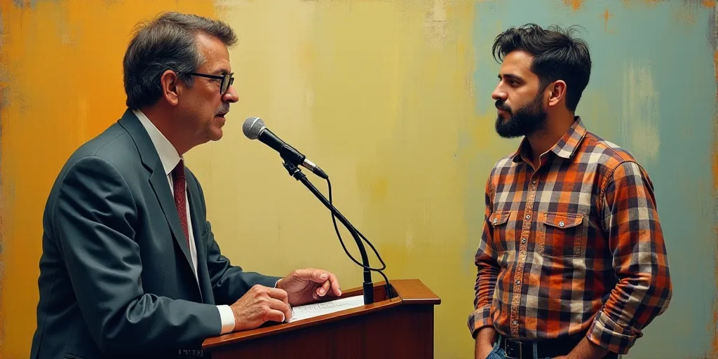 a man in glasses is speaking at a podium with a microphone in front of him and a man in a plaid shir