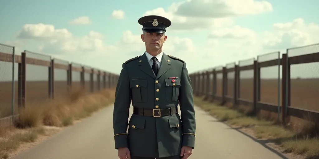 a man in uniform standing in front of a row of gates on a road with a sky background and a fence, Br