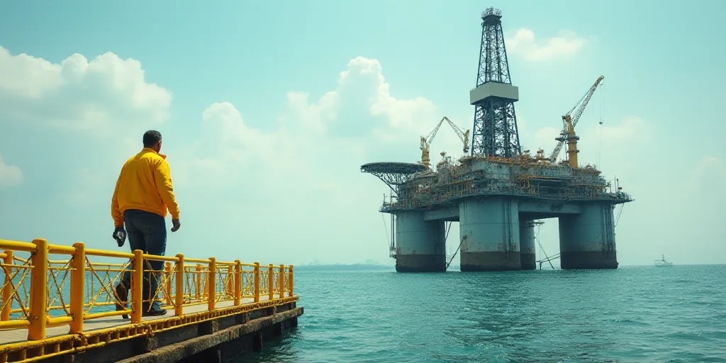 a man in yellow is walking on a yellow bridge over the water with a large oil rig in the background,