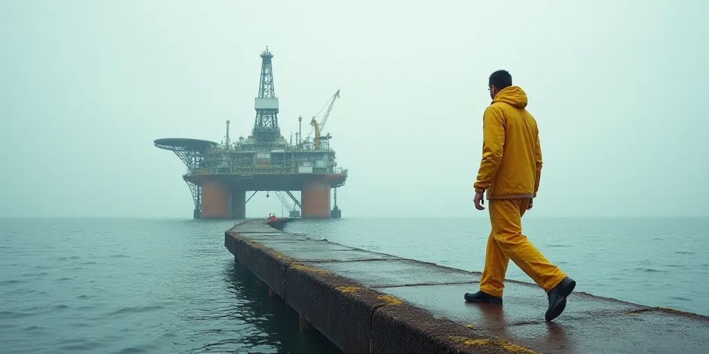 a man in yellow is walking on a bridge over the water with a large oil rig in the background, Consta