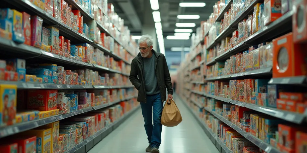 a man is carrying a bag in a store aisle with a lot of toys on the shelves behind him, Aquirax Uno,