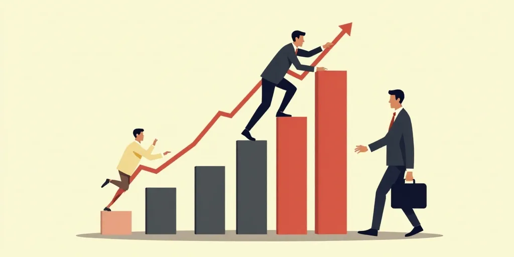 a man is climbing up a bar chart with other people on it and a man is holding a briefcase, Andries S