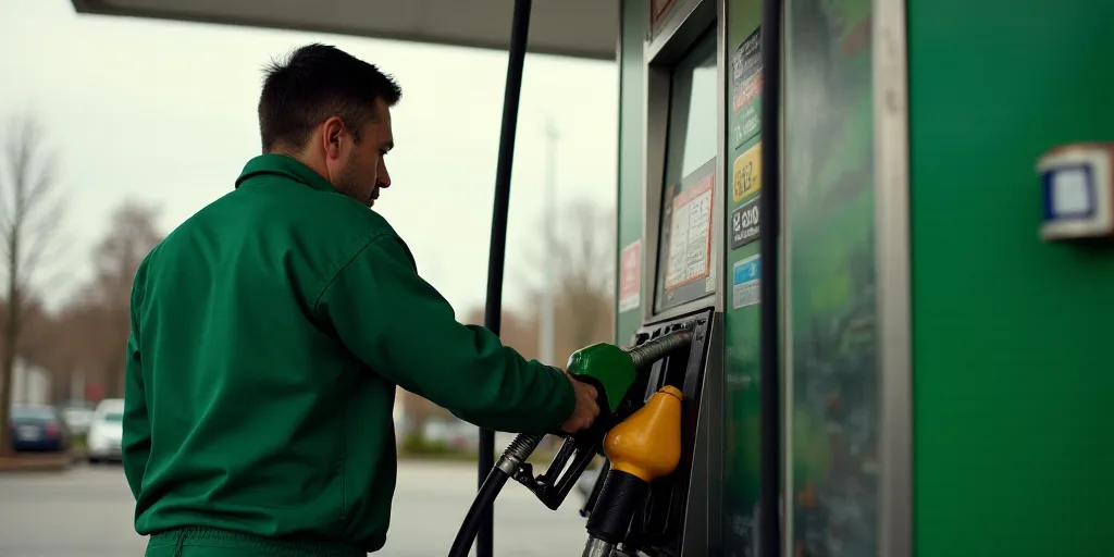 a man is filling up a gas pump at a gas station with gas prices on the pump and a man in a green uni