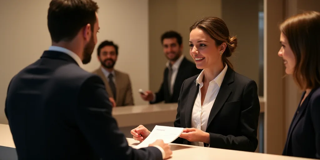 a man is handing a woman a check in at a hotel reception desk while others look on in the background
