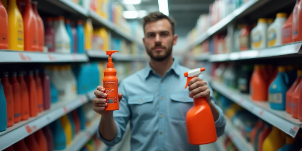 a man is holding a bottle and a sprayer in a store aisle of products on shelves of different colors,