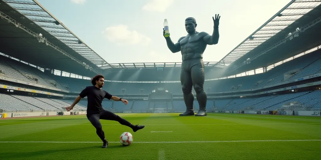 a man is kicking a ball in a stadium with a giant sculpture of a man holding a bottle in his hand, C