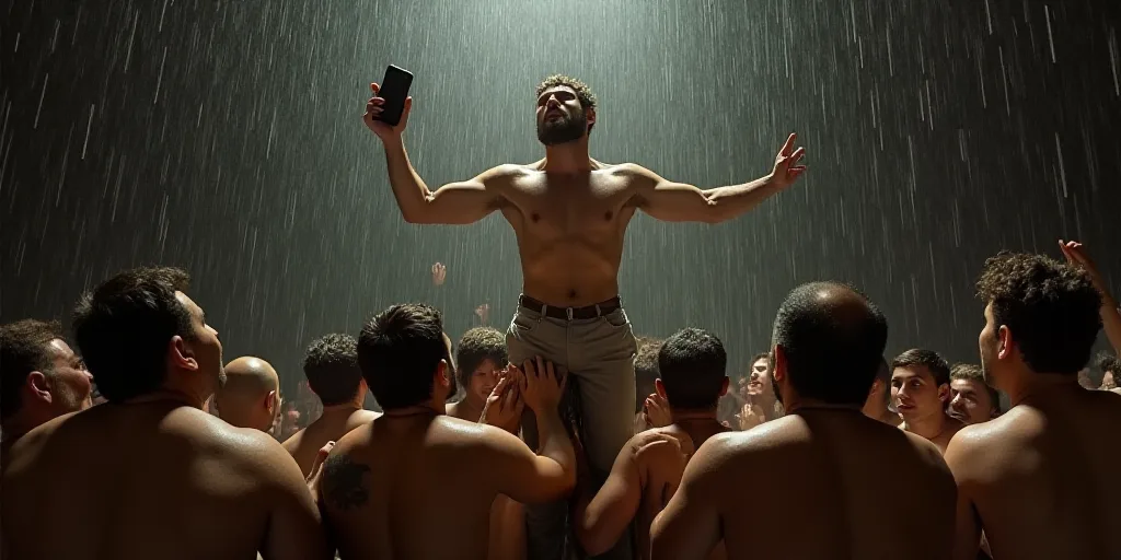a man is lifted in the air by a crowd of people in the rain while holding a cell phone, Antônio Par