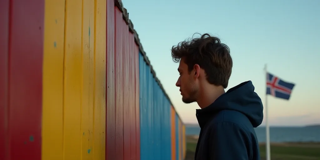 a man is looking at a colorful wall with a flag on it and a flag in the background of the image, Ás