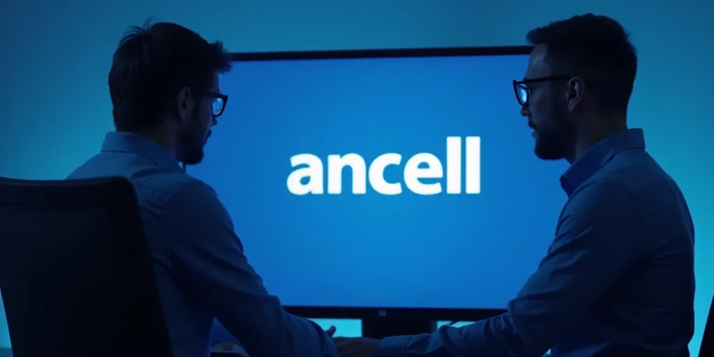 a man is looking at a computer screen with the logo of the company on it in front of a blue backgrou