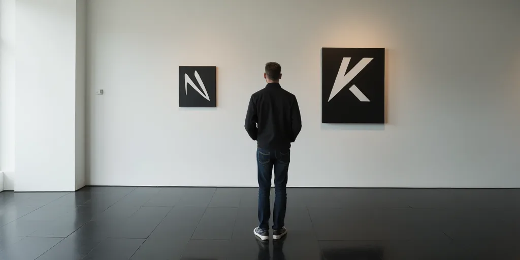 a man is looking at a logo on a wall in a room with a white wall and a black and white wall, Alexey