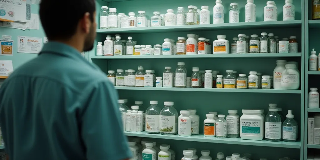 a man is looking at a shelf of medicine bottles in a pharmacy office with shelves of medicine bottle