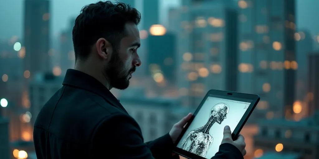 a man is looking at a tablet with a robot head on it and a city in the background with a lot of icon