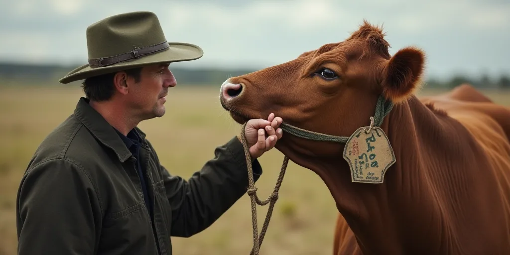 a man is petting a cow with a tag on it's ear and nose, while another man is holding a tag on his ea