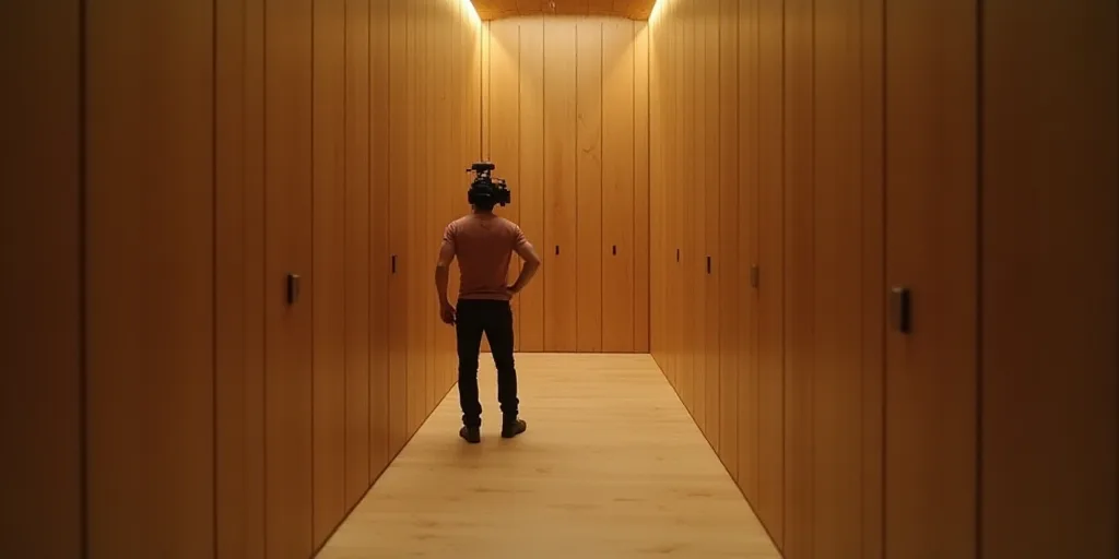 a man is standing in a wooden room with a camera on his head and a video recording him from the bott