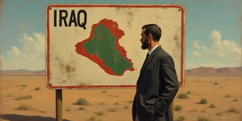 a man is standing in front of a sign with the name of the country of iraq on it and a map of the cou