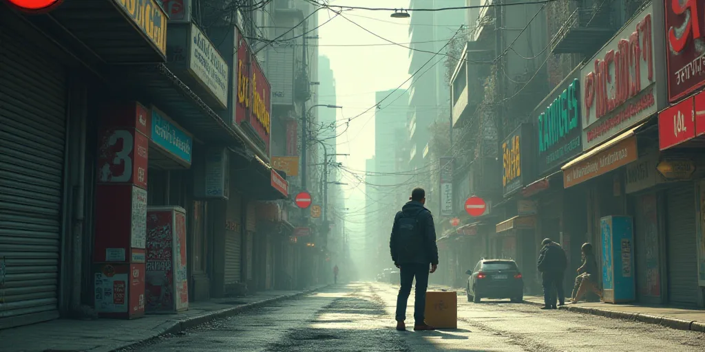 a man is standing on a street corner with a box on the ground and a man is standing on the sidewalk,