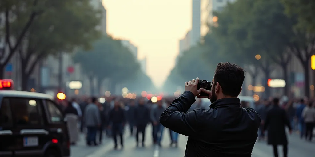 a man is taking pictures of a crowd of people on a street with a police car and a police car, Federi