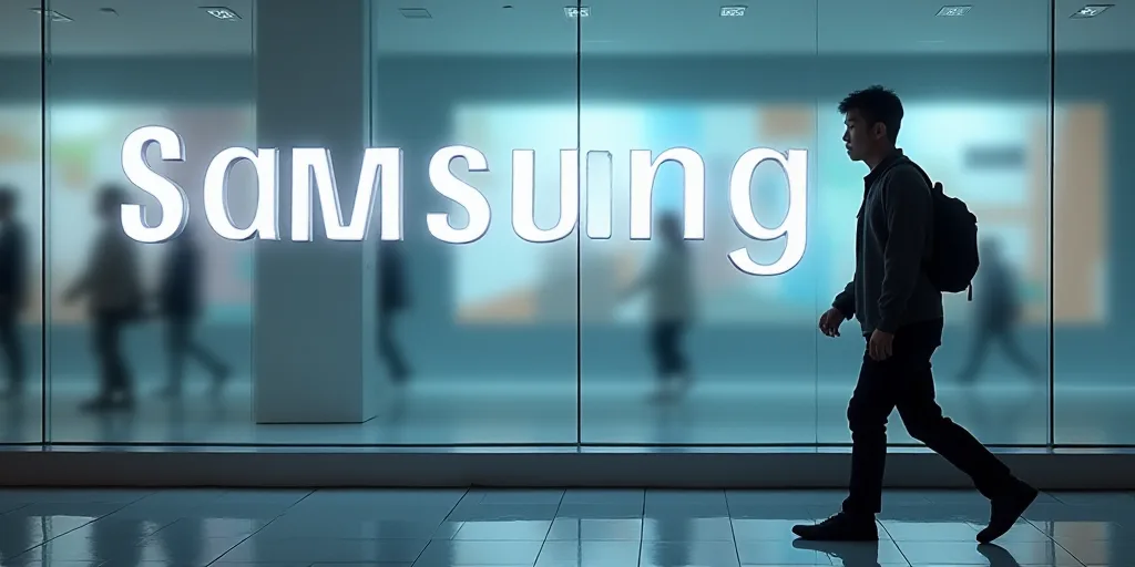 a man is walking past a glass sign that says samsung on it's side and a blurry background, An Gyeon,